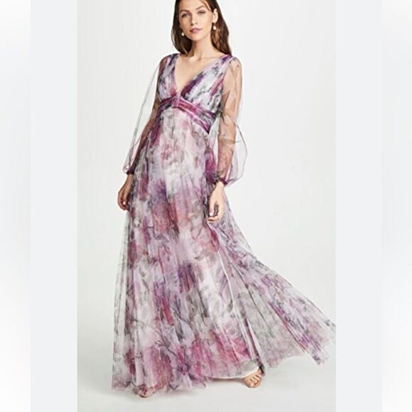 BHLDN Marchesa Notte chiffon silk print pleated maxi dress - Picture 1 of 10